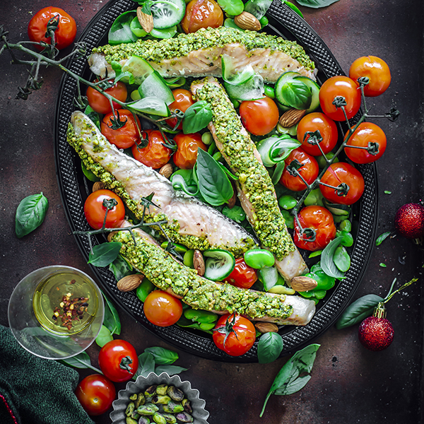 Pistachio and Pine Nut Crusted Salmon with Roasted Tomato Salad