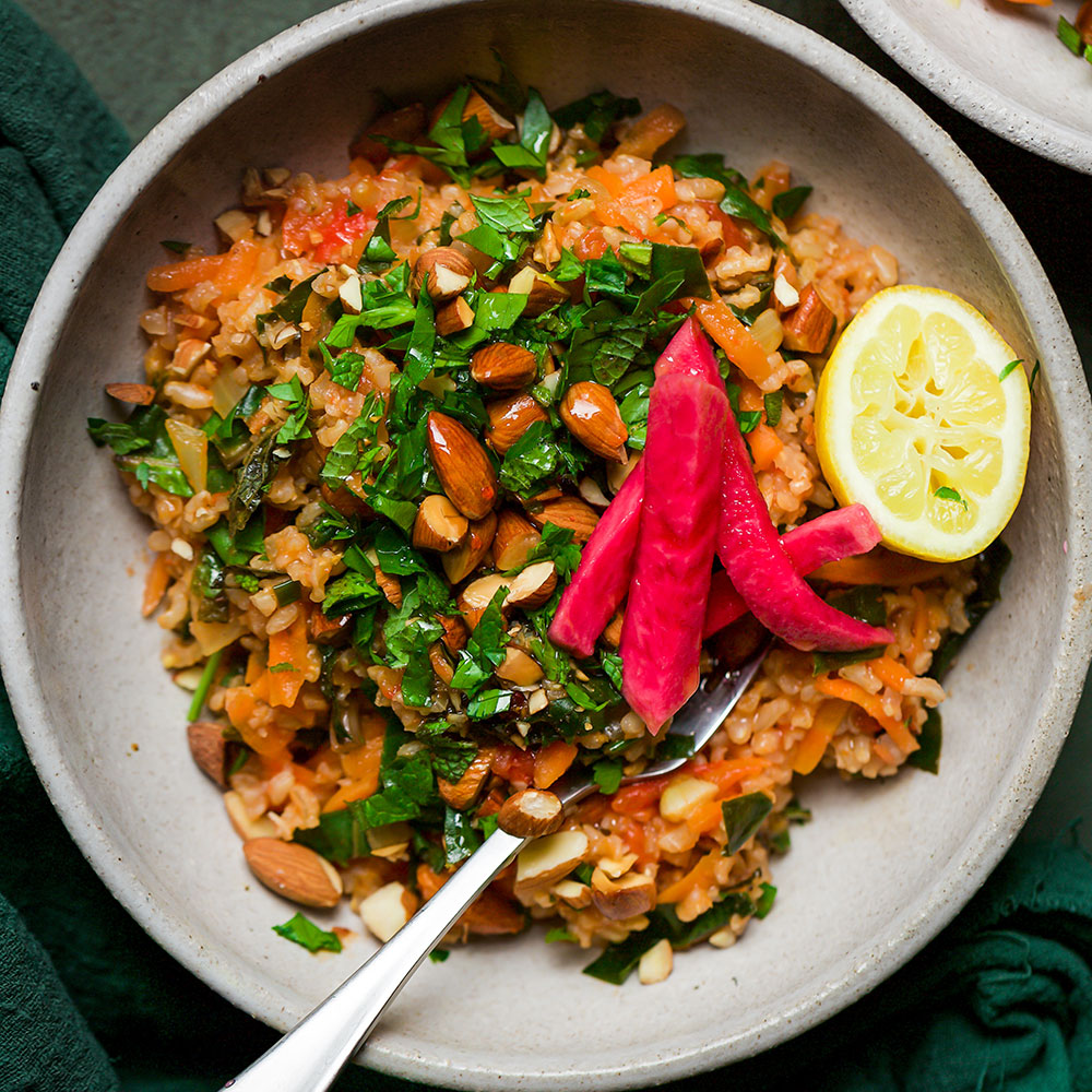 Brown rice, Almond and Silverbeet pilaf